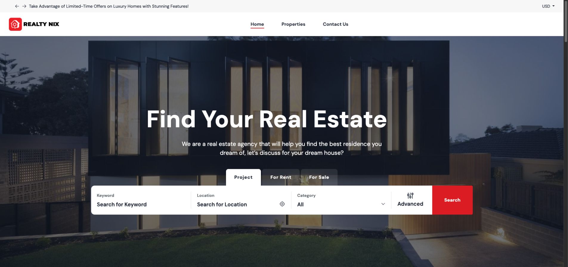 Homepage screenshot of Realty Nix